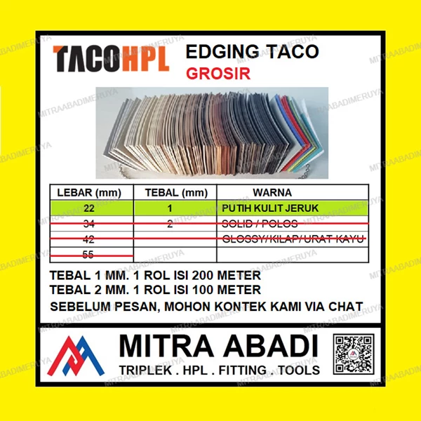 GROSIR Edging TACO HPL 22/1 mm Putih Kulit Jeruk Fitting dan Hardware Perabotan