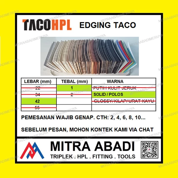 Edging TACO HPL 42/1 mm Solid / Polos Fitting dan Hardware Perabotan