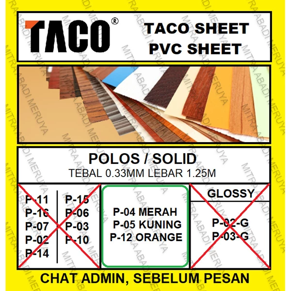 Taco Sheet Polos Solid P04/P05/P12 PVC Sheet Deco Sheet Fitting dan Hardware Perabotan