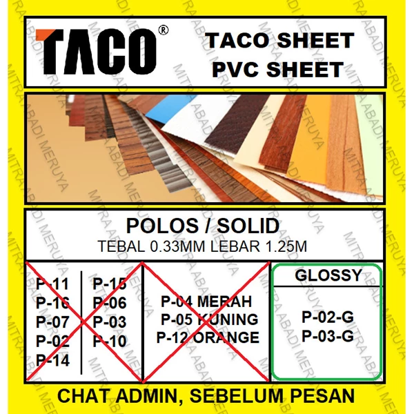 Taco Sheet Polos Solid Glossy PVC Sheet Deco Sheet Fitting dan Hardware Perabotan