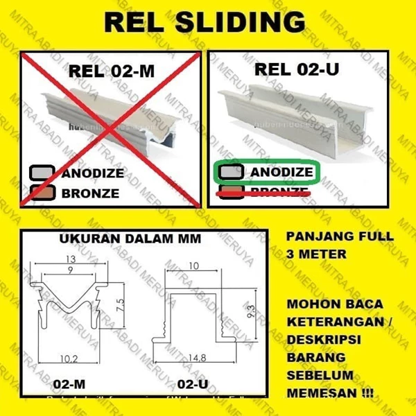 Rel Sliding Pintu Lemari Geser 02-U Anodize Fitting dan Hardware Perabotan