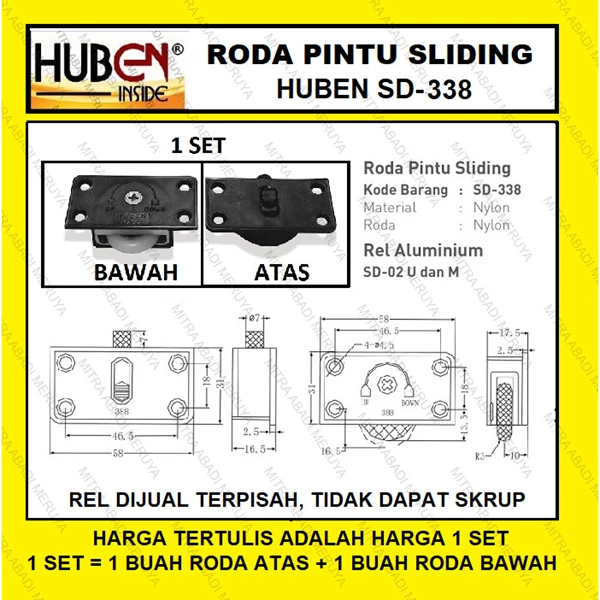 Roda Pintu Lemari Sliding / Geser HUBEN SD-338 Roda Pintu Sliding Fitting dan Hardware Perabotan