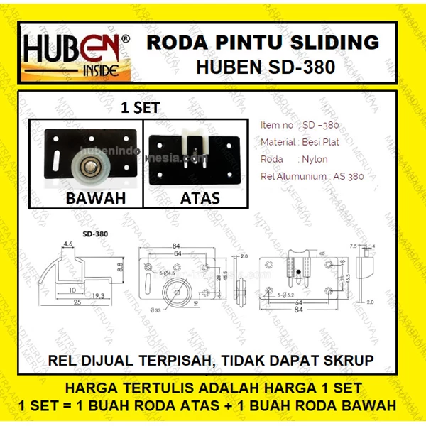 Roda Pintu Lemari Sliding / Geser HUBEN SD-380 Roda Pintu Sliding Fitting dan Hardware Perabotan